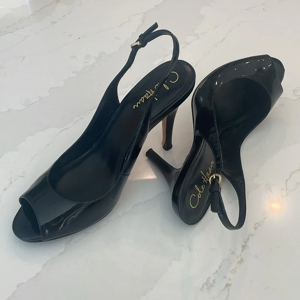 Cole Haan Air Talia Black Patent Leather Open Toe Slingback Heel Size 7C… - Picture 4 of 13